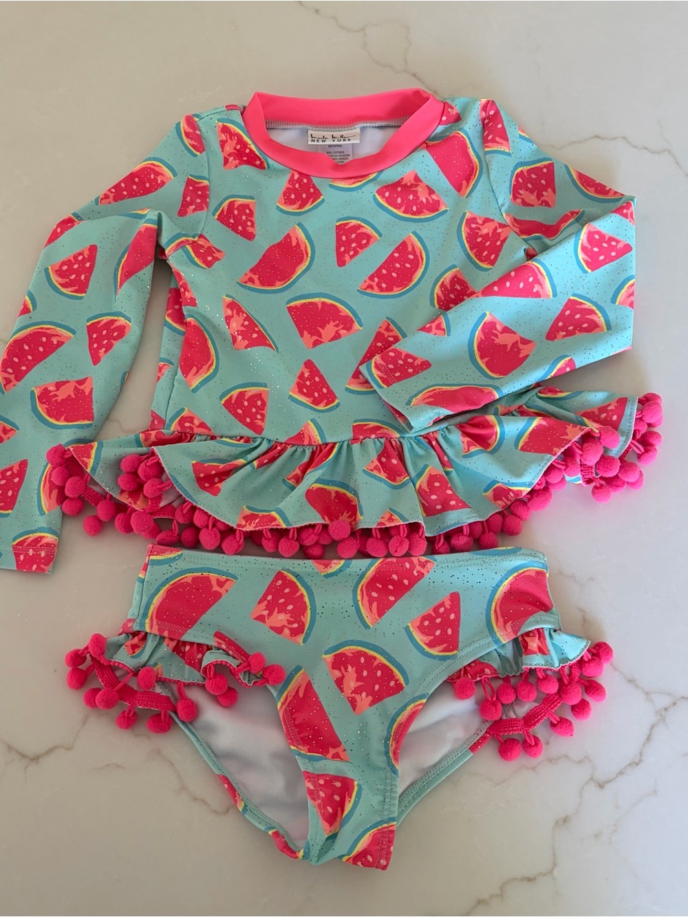 Nicole Miller Girls' Pink & Aqua Watermelon Pom-Pom Rashguard Set